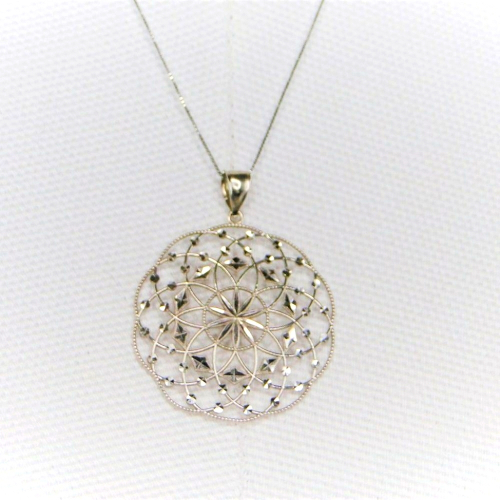 Solid 14kt Diamond Cut White Gold Circles Pendant and Chain